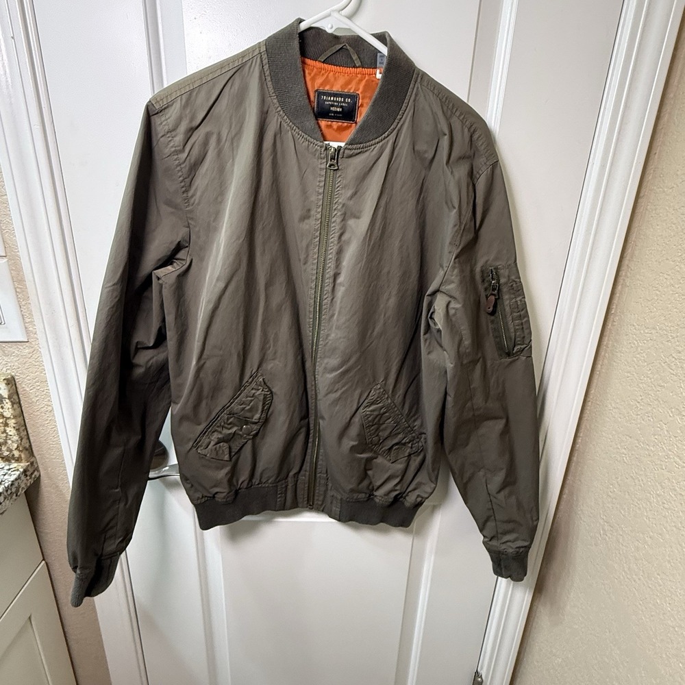 7Diamonds Mens M Bomber Jacket Olive Green MA-1 Flight Jacket Orange Lined